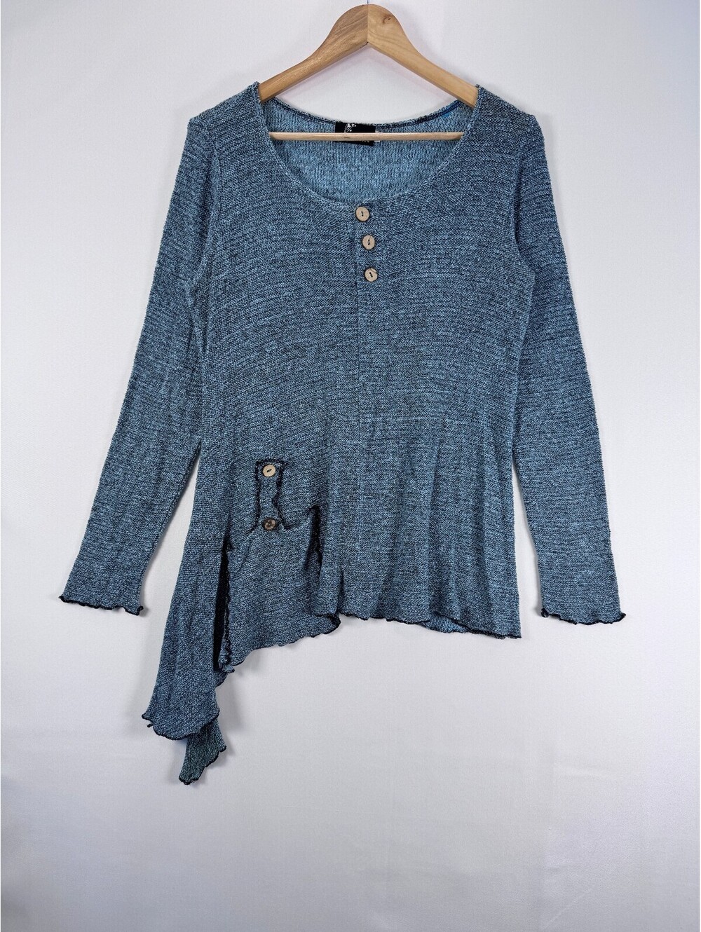 Fenini Lagenlook Asymmetrical Tunic Top Womens Size L Blue Ren Faire Peasant